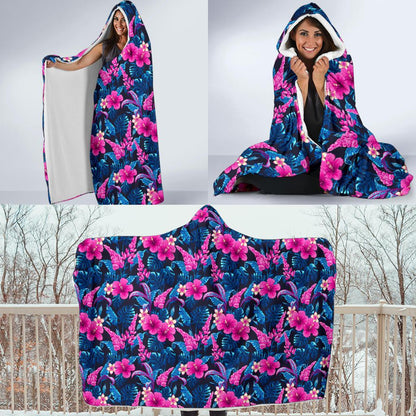 Tropical Folower Pink Themed Print Hooded Blanket-JTAMIGO.COM