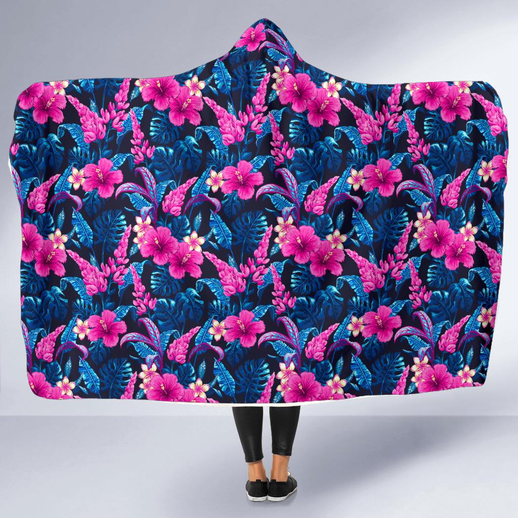 Tropical Folower Pink Themed Print Hooded Blanket-JTAMIGO.COM