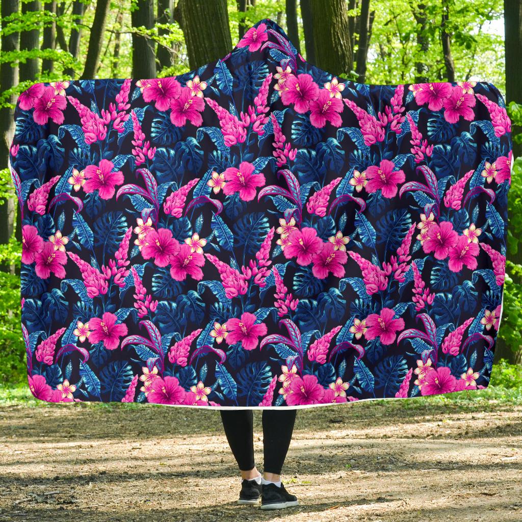 Tropical Folower Pink Themed Print Hooded Blanket-JTAMIGO.COM