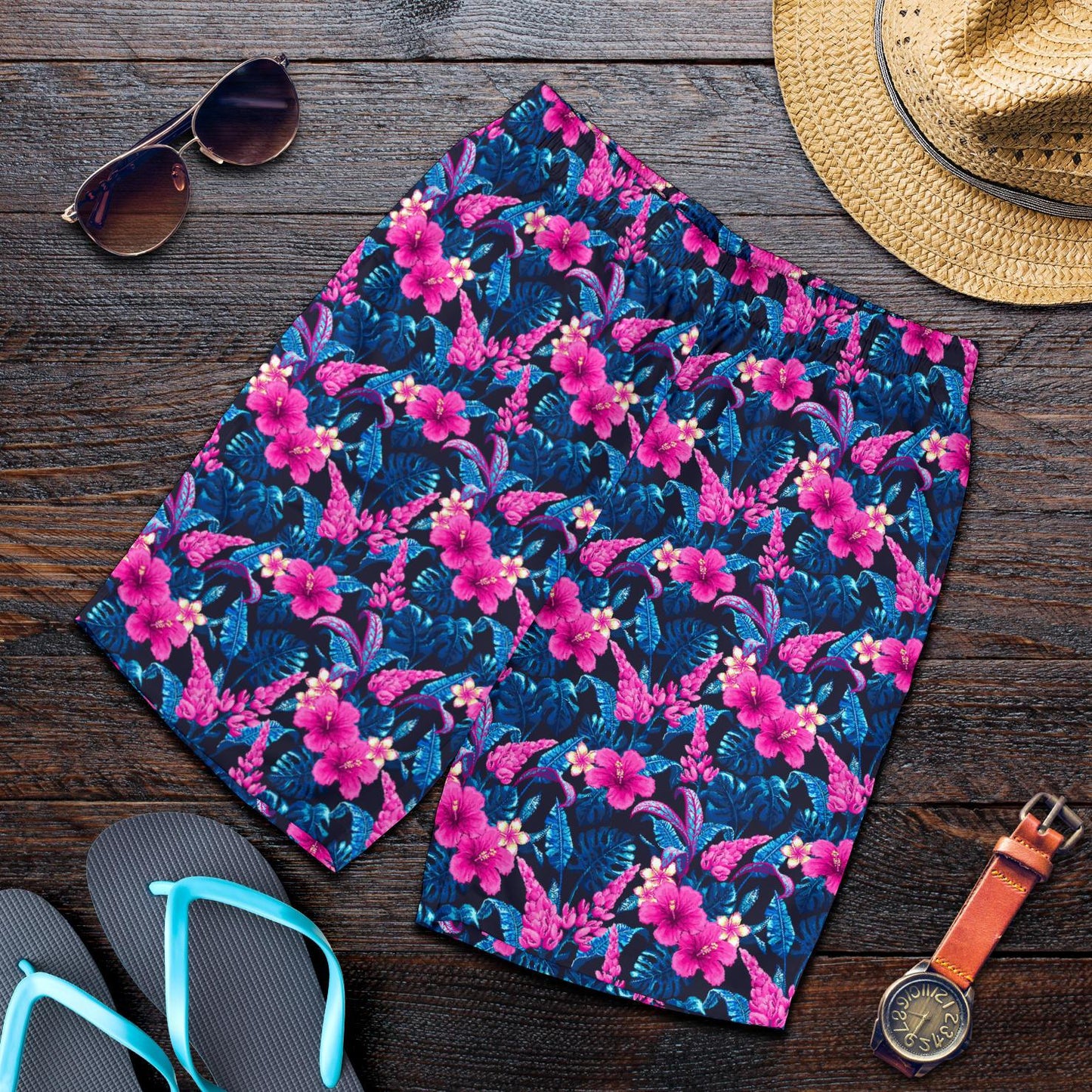 Tropical Folower Pink Themed Print Mens Shorts-JTAMIGO.COM