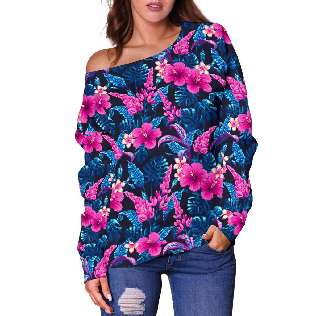 Tropical Folower Pink Themed Print Off Shoulder Sweatshirt