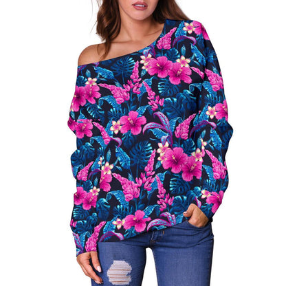 Tropical Folower Pink Themed Print Off Shoulder Sweatshirt
