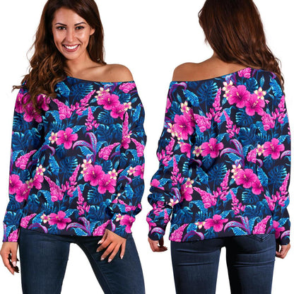 Tropical Folower Pink Themed Print Off Shoulder Sweatshirt
