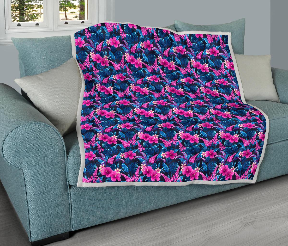 Tropical Folower Pink Themed Print Premium Quilt-JTAMIGO.COM