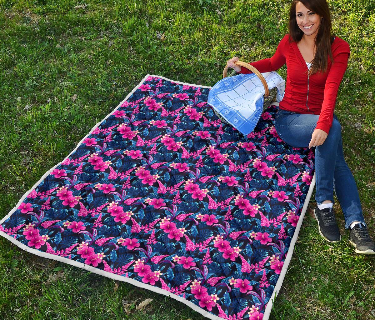 Tropical Folower Pink Themed Print Premium Quilt-JTAMIGO.COM