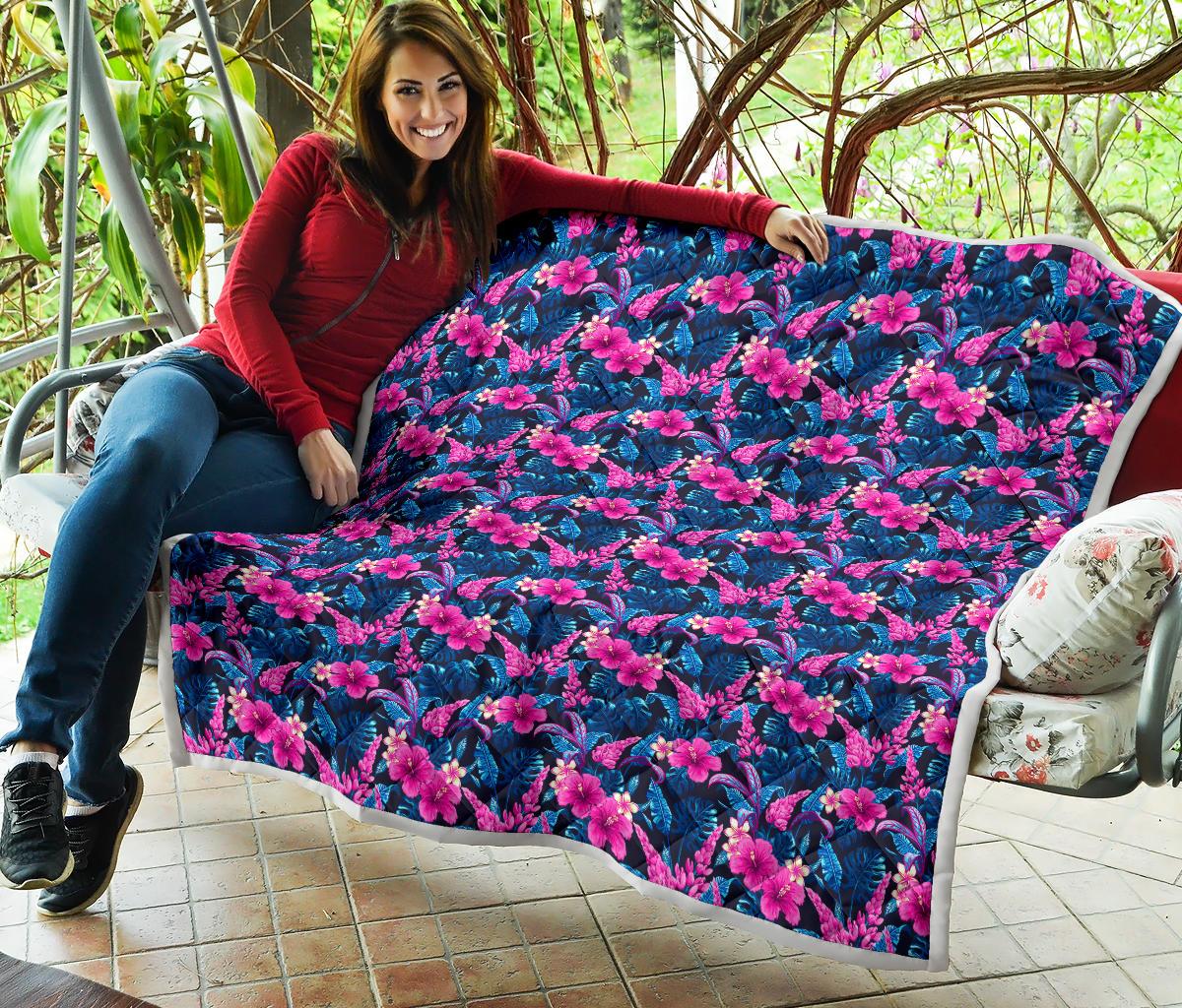Tropical Folower Pink Themed Print Premium Quilt-JTAMIGO.COM