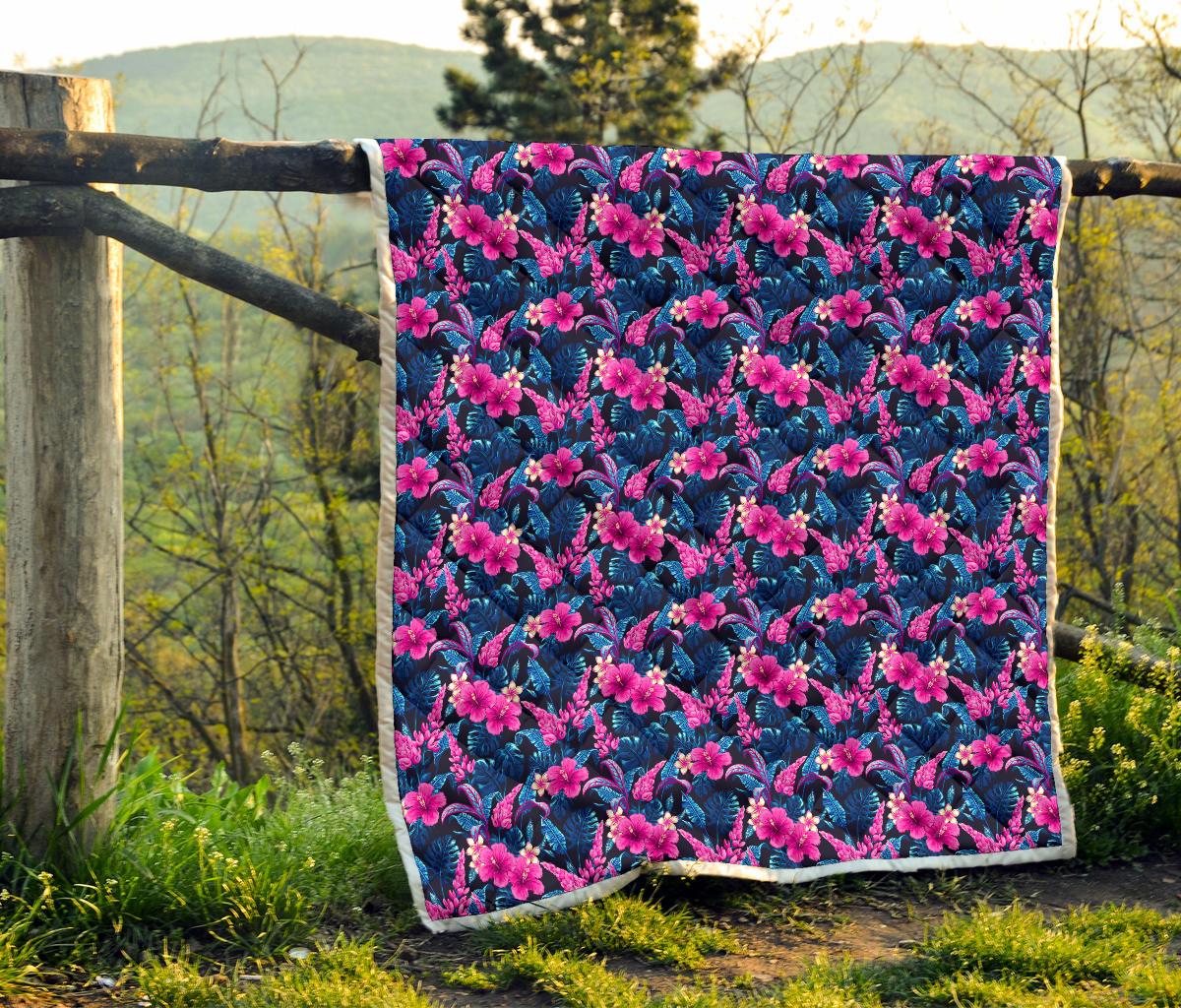 Tropical Folower Pink Themed Print Premium Quilt-JTAMIGO.COM