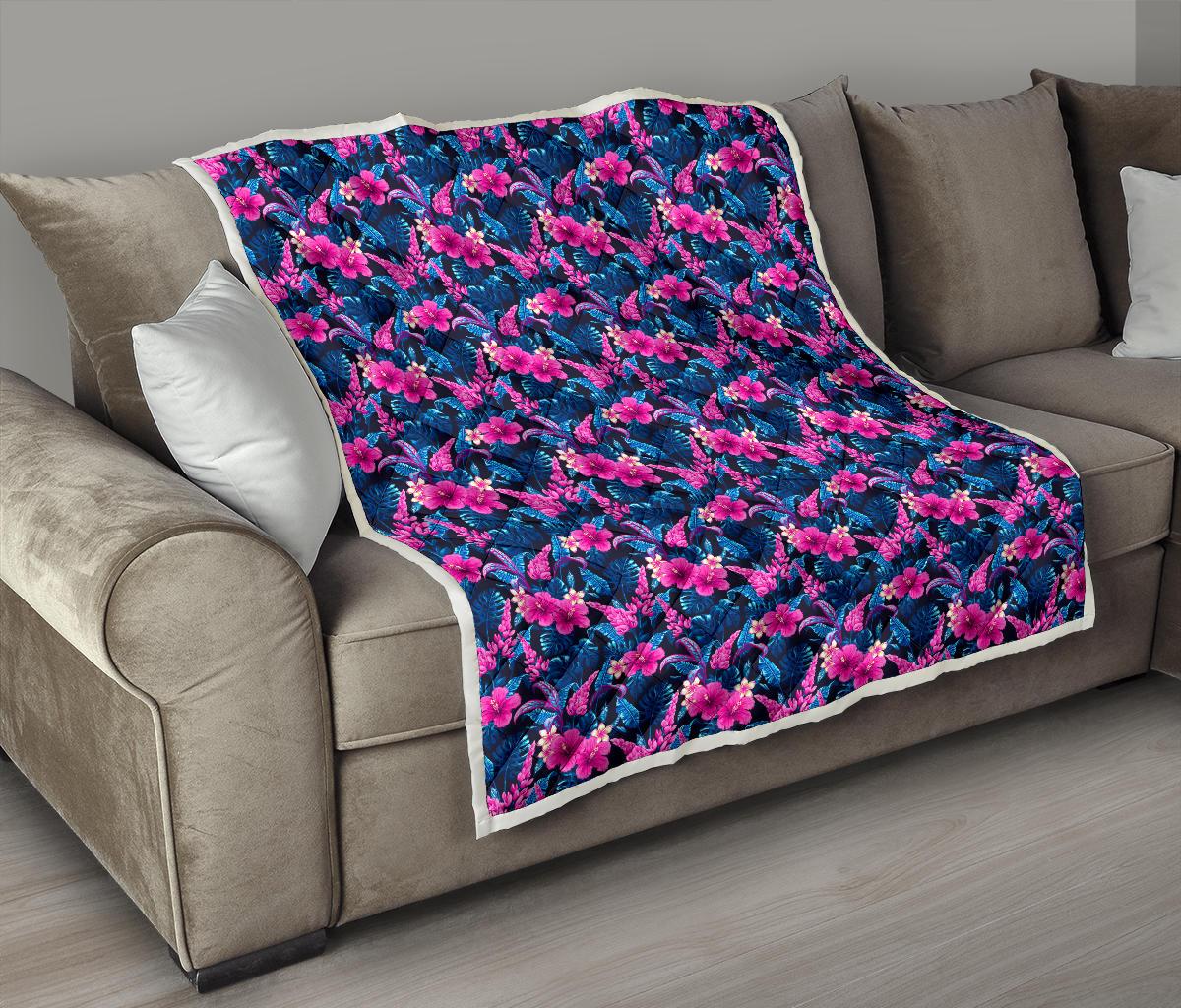 Tropical Folower Pink Themed Print Premium Quilt-JTAMIGO.COM