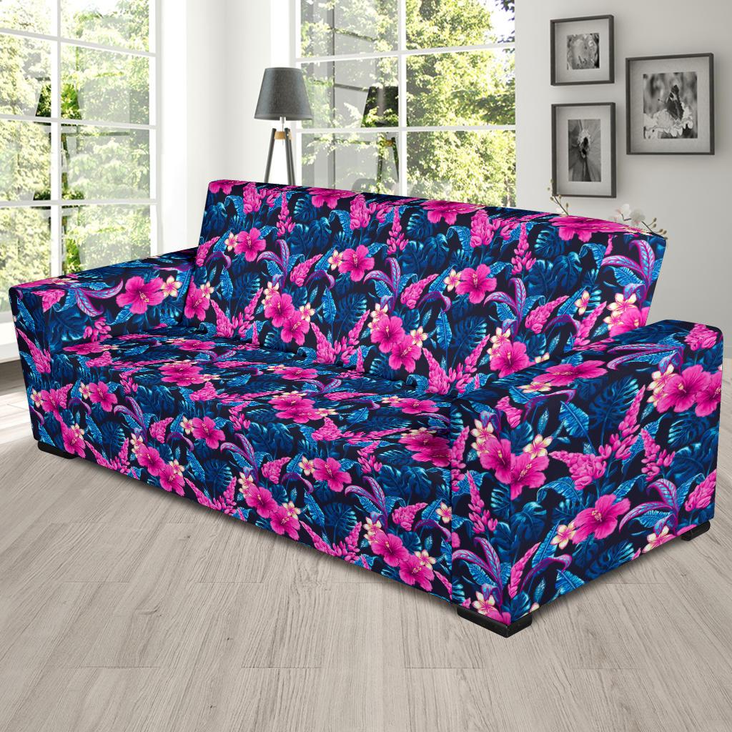 Tropical Folower Pink Themed Print Sofa Slipcover-JTAMIGO.COM