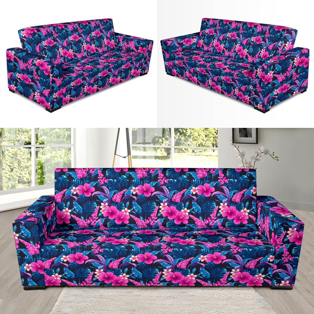 Tropical Folower Pink Themed Print Sofa Slipcover-JTAMIGO.COM