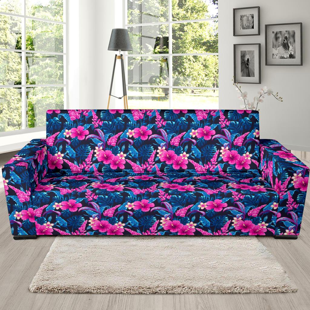 Tropical Folower Pink Themed Print Sofa Slipcover-JTAMIGO.COM