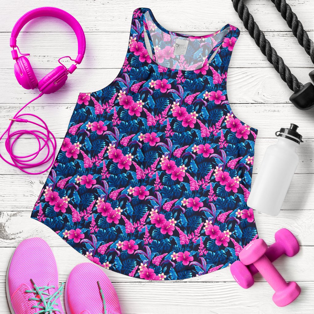 Tropical Folower Pink Themed Print Women Racerback Tank Top