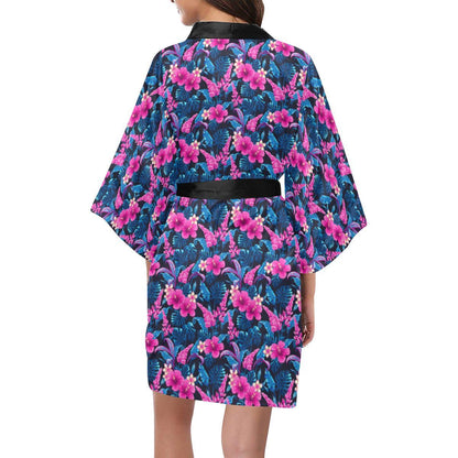 Tropical Folower Pink Themed Print Women Short Kimono Robe