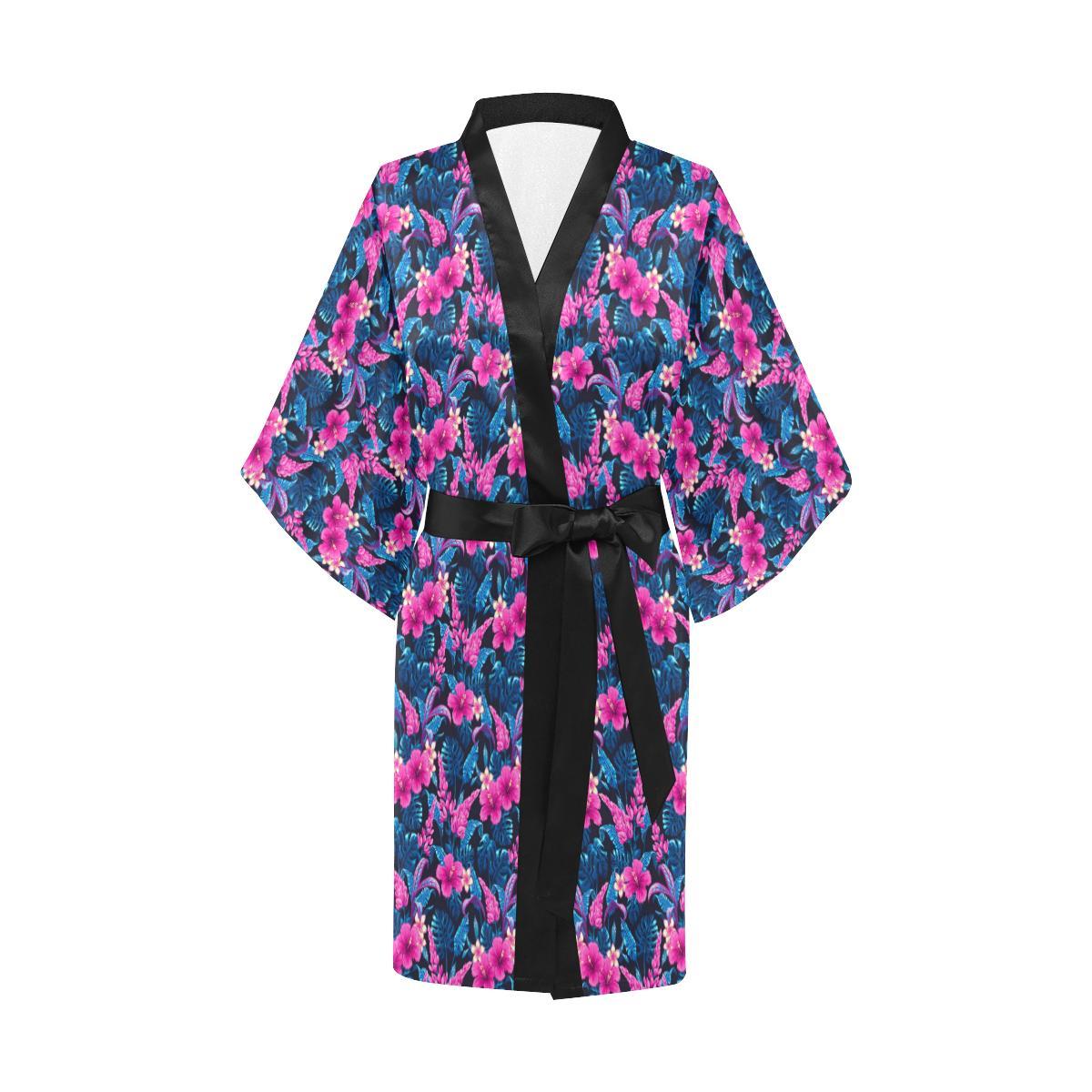 Tropical Folower Pink Themed Print Women Short Kimono Robe