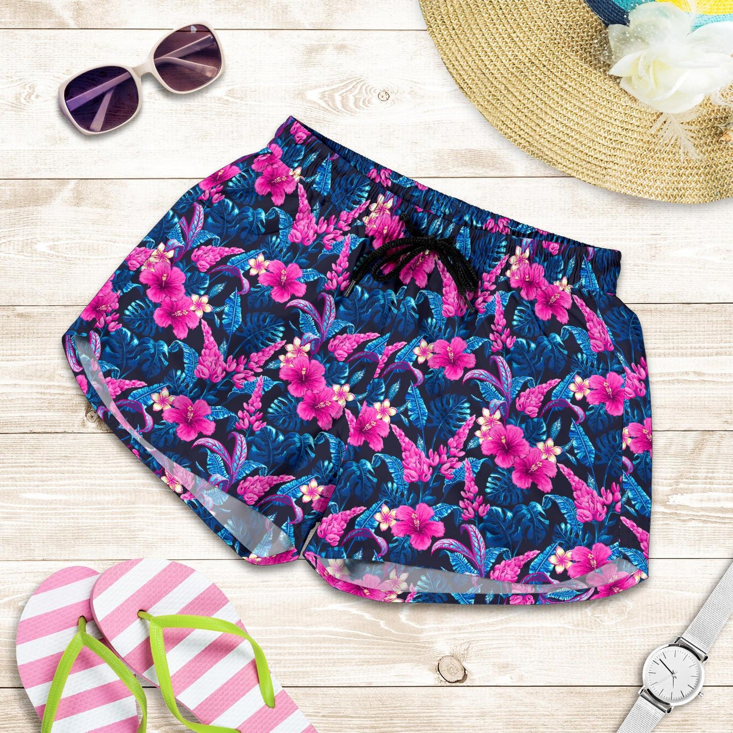 Tropical Folower Pink Themed Print Women Shorts-JTAMIGO.COM