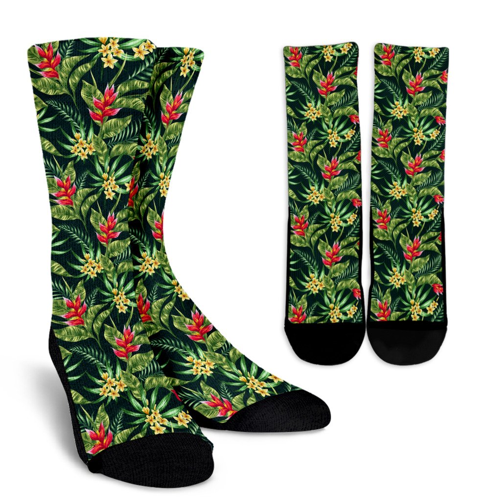Tropical Folower Red Heliconia Print Crew Socks