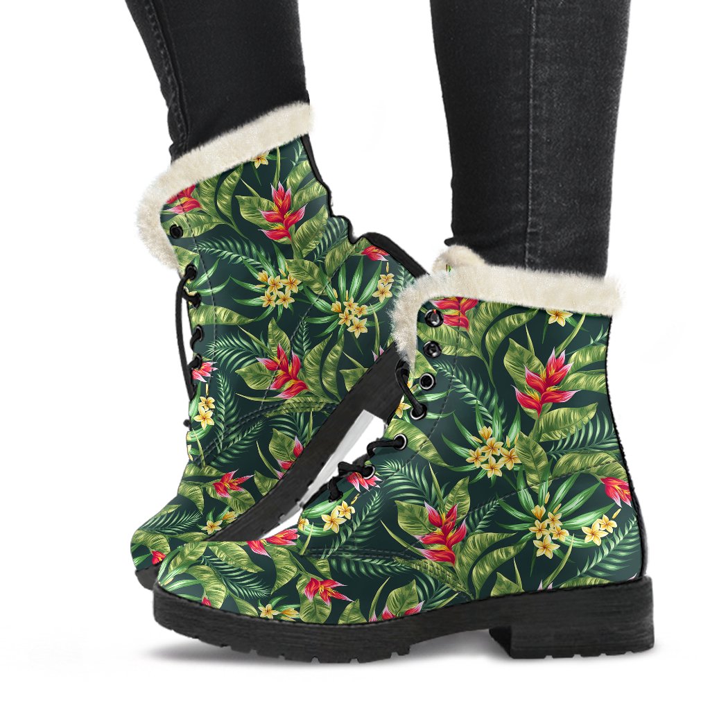 Tropical Folower Red Heliconia Print Faux Fur Leather Boots-JTAMIGO.COM