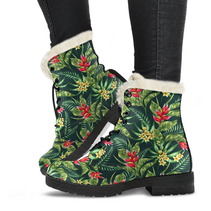 Tropical Folower Red Heliconia Print Faux Fur Leather Boots-JTAMIGO.COM