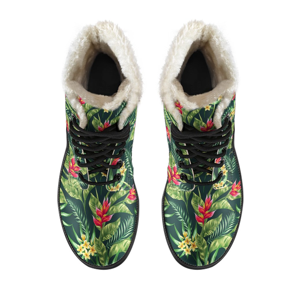 Tropical Folower Red Heliconia Print Faux Fur Leather Boots-JTAMIGO.COM