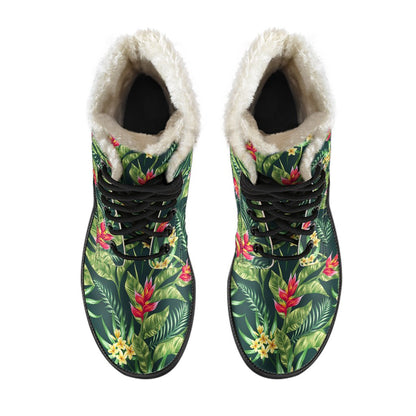 Tropical Folower Red Heliconia Print Faux Fur Leather Boots-JTAMIGO.COM