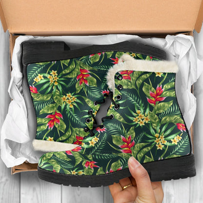 Tropical Folower Red Heliconia Print Faux Fur Leather Boots-JTAMIGO.COM