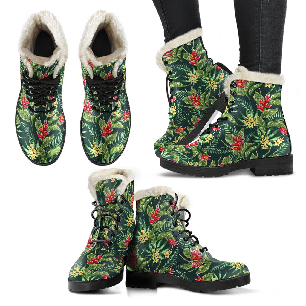 Tropical Folower Red Heliconia Print Faux Fur Leather Boots-JTAMIGO.COM