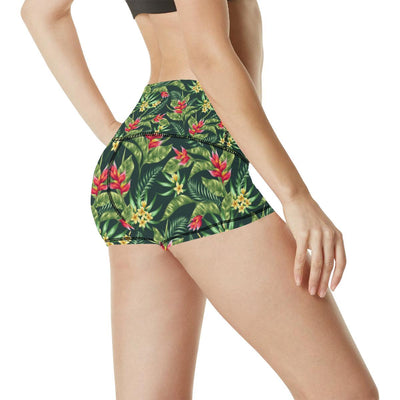 Tropical Folower Red Heliconia Print High Waisted Spandex Shorts-JTAMIGO.COM