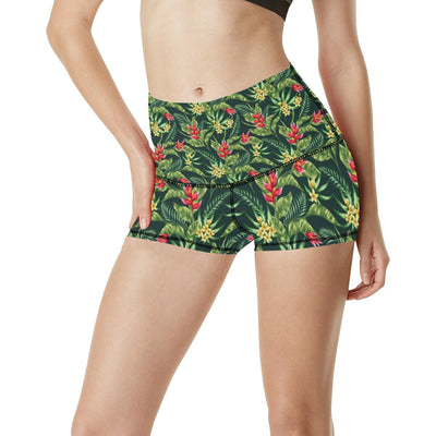 Tropical Folower Red Heliconia Print High Waisted Spandex Shorts-JTAMIGO.COM