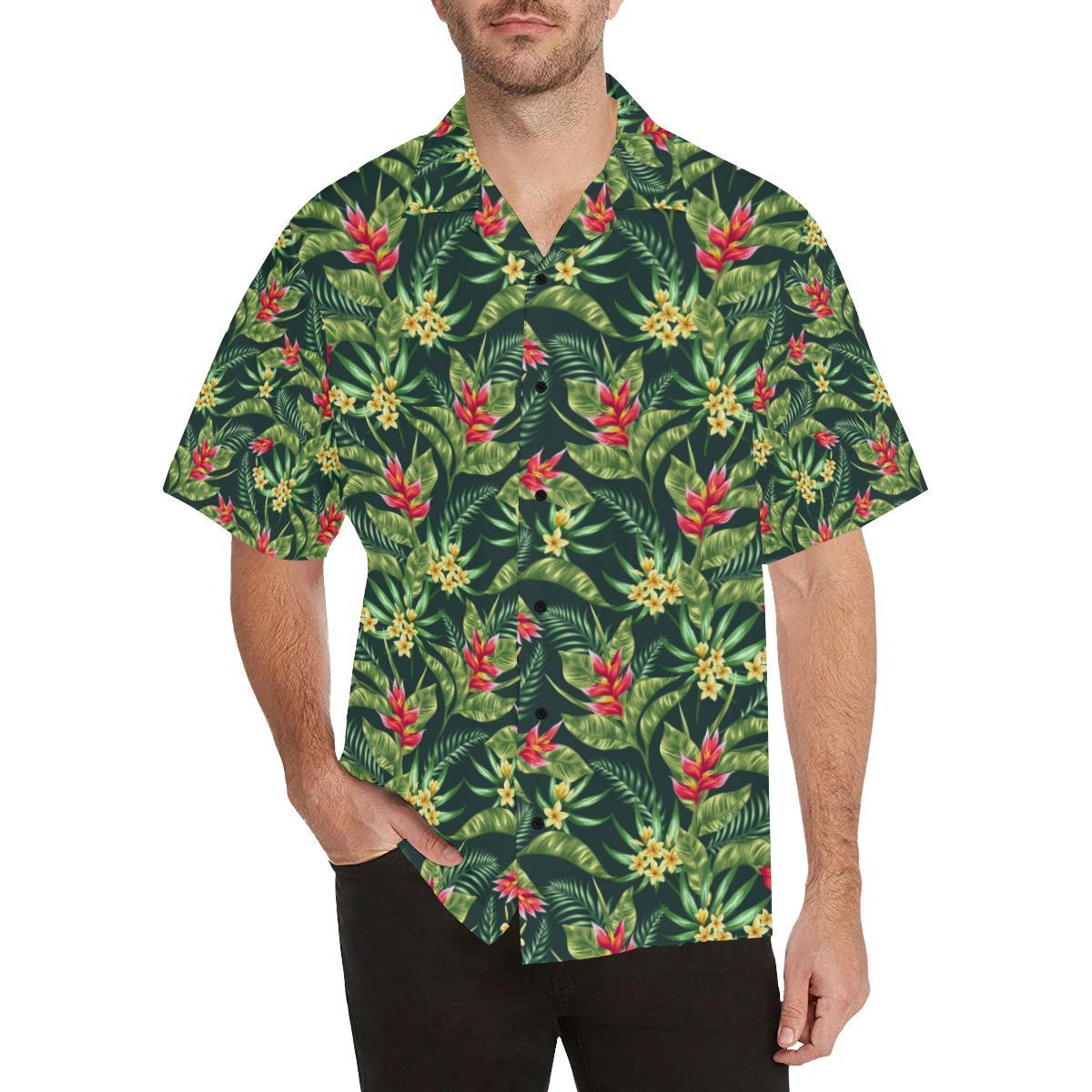 Tropical Folower Red Heliconia Print Men Aloha Hawaiian Shirt
