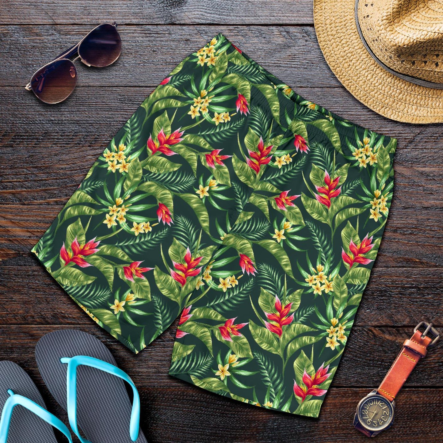 Tropical Folower Red Heliconia Print Mens Shorts-JTAMIGO.COM