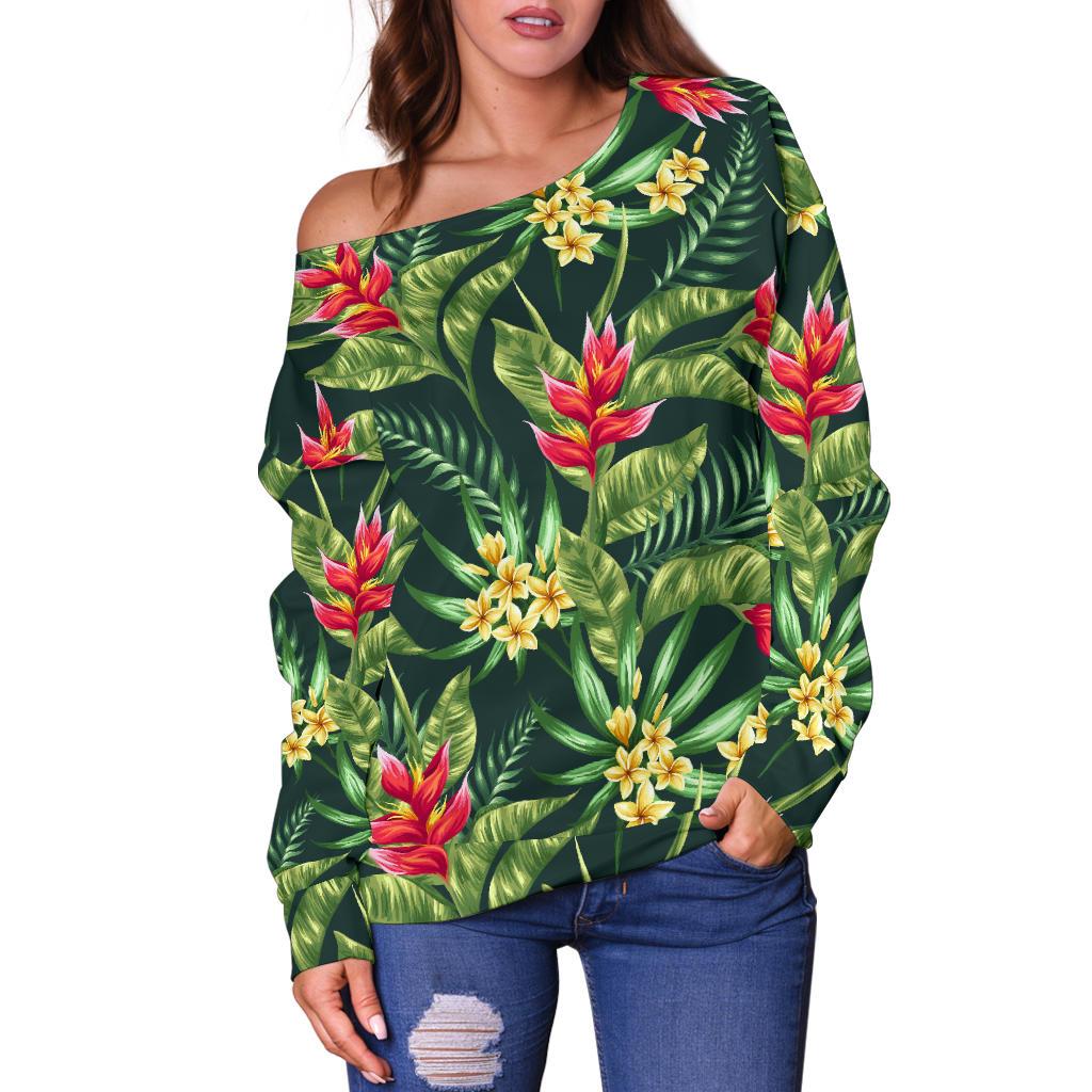 Tropical Folower Red Heliconia Print Off Shoulder Sweatshirt