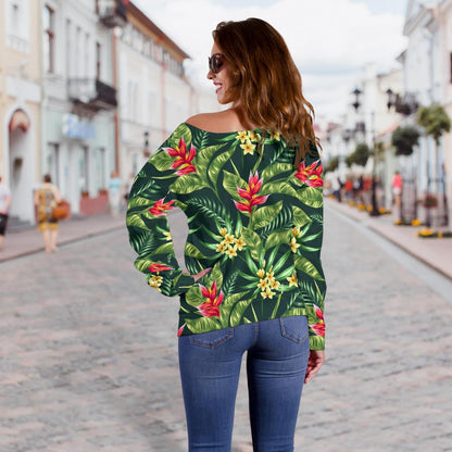 Tropical Folower Red Heliconia Print Off Shoulder Sweatshirt