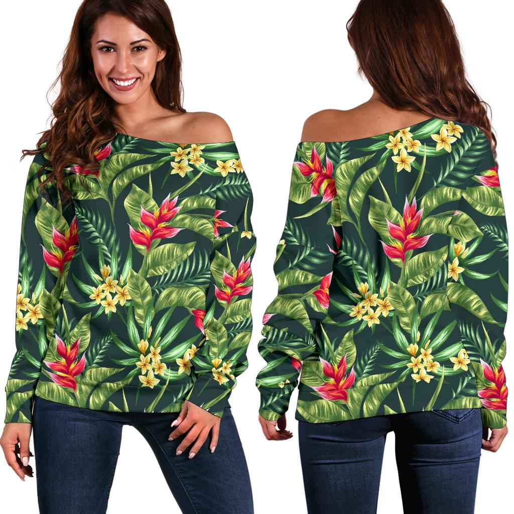 Tropical Folower Red Heliconia Print Off Shoulder Sweatshirt