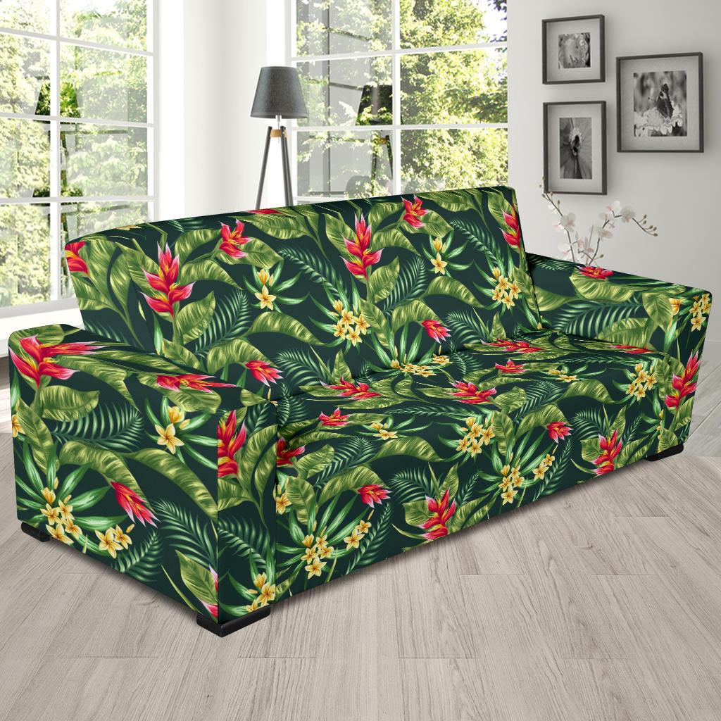 Tropical Folower Red Heliconia Print Sofa Slipcover-JTAMIGO.COM