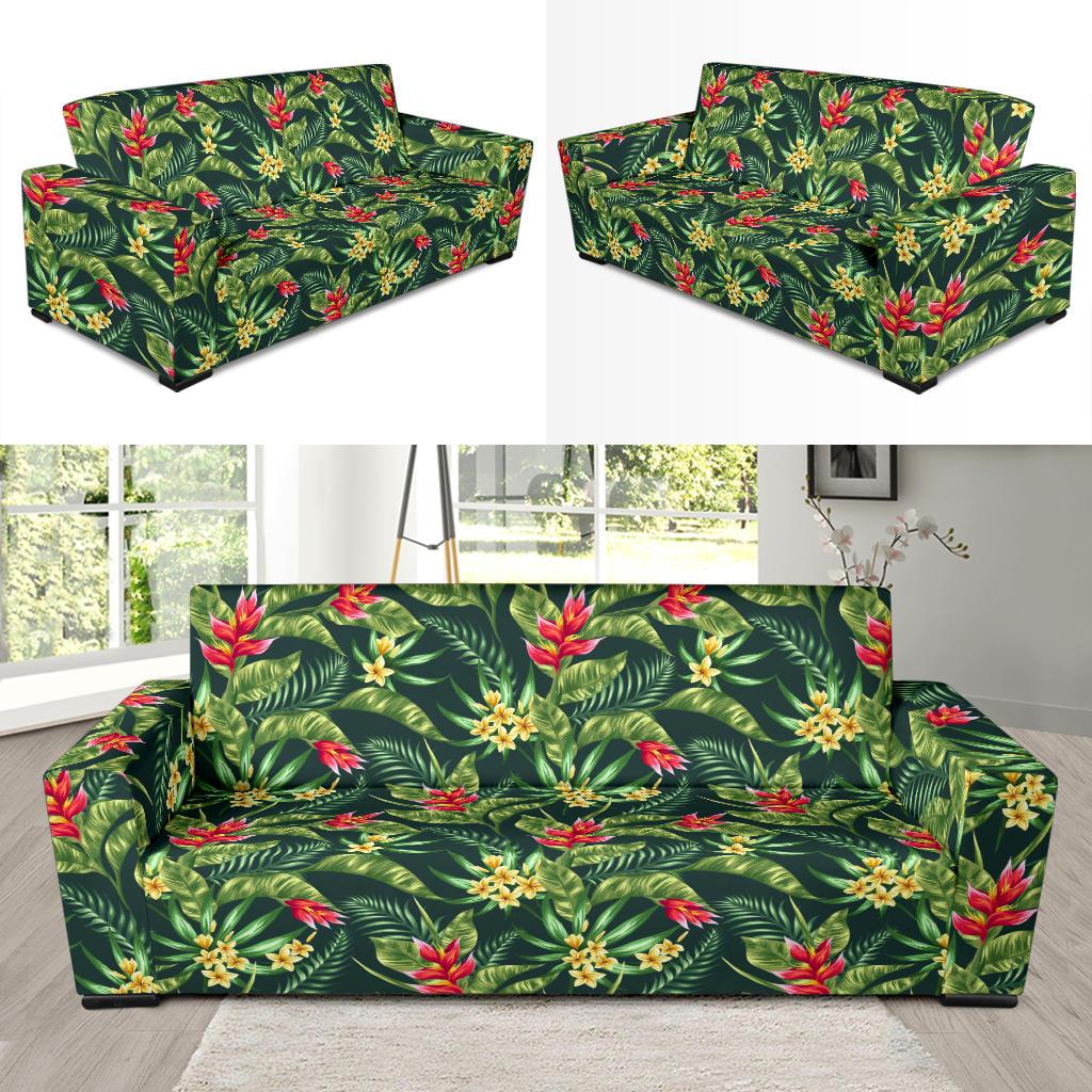 Tropical Folower Red Heliconia Print Sofa Slipcover-JTAMIGO.COM