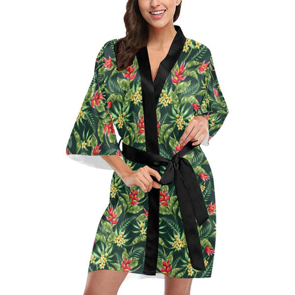Tropical Folower Red Heliconia Print Women Short Kimono Robe