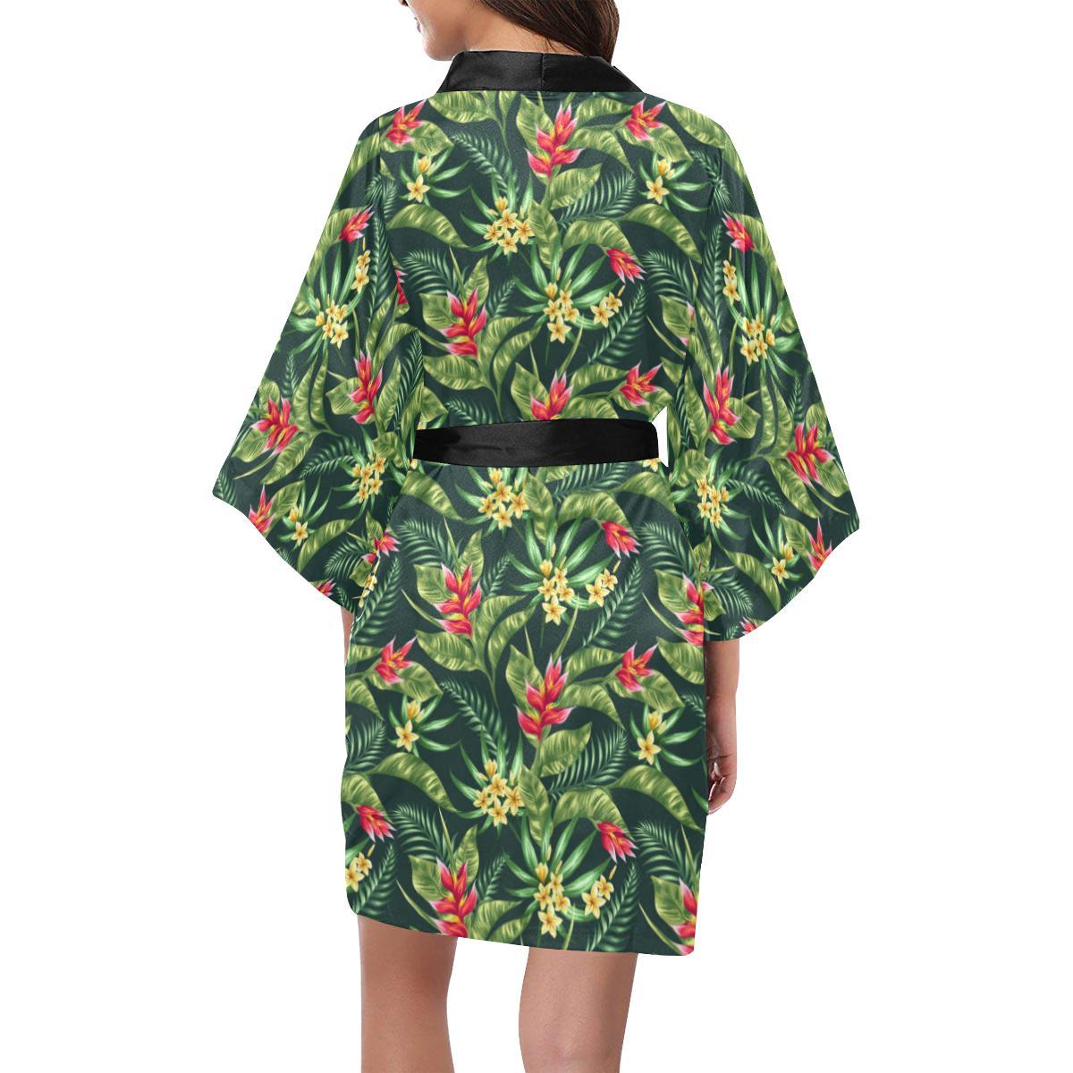 Tropical Folower Red Heliconia Print Women Short Kimono Robe