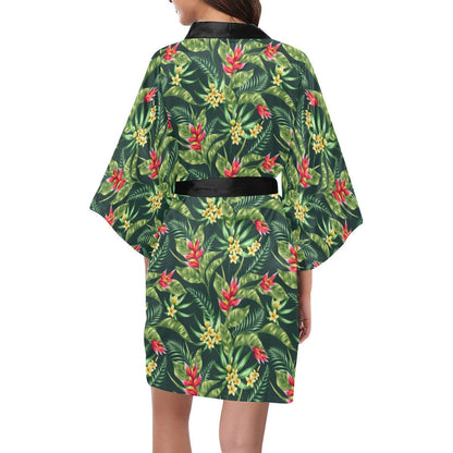 Tropical Folower Red Heliconia Print Women Short Kimono Robe