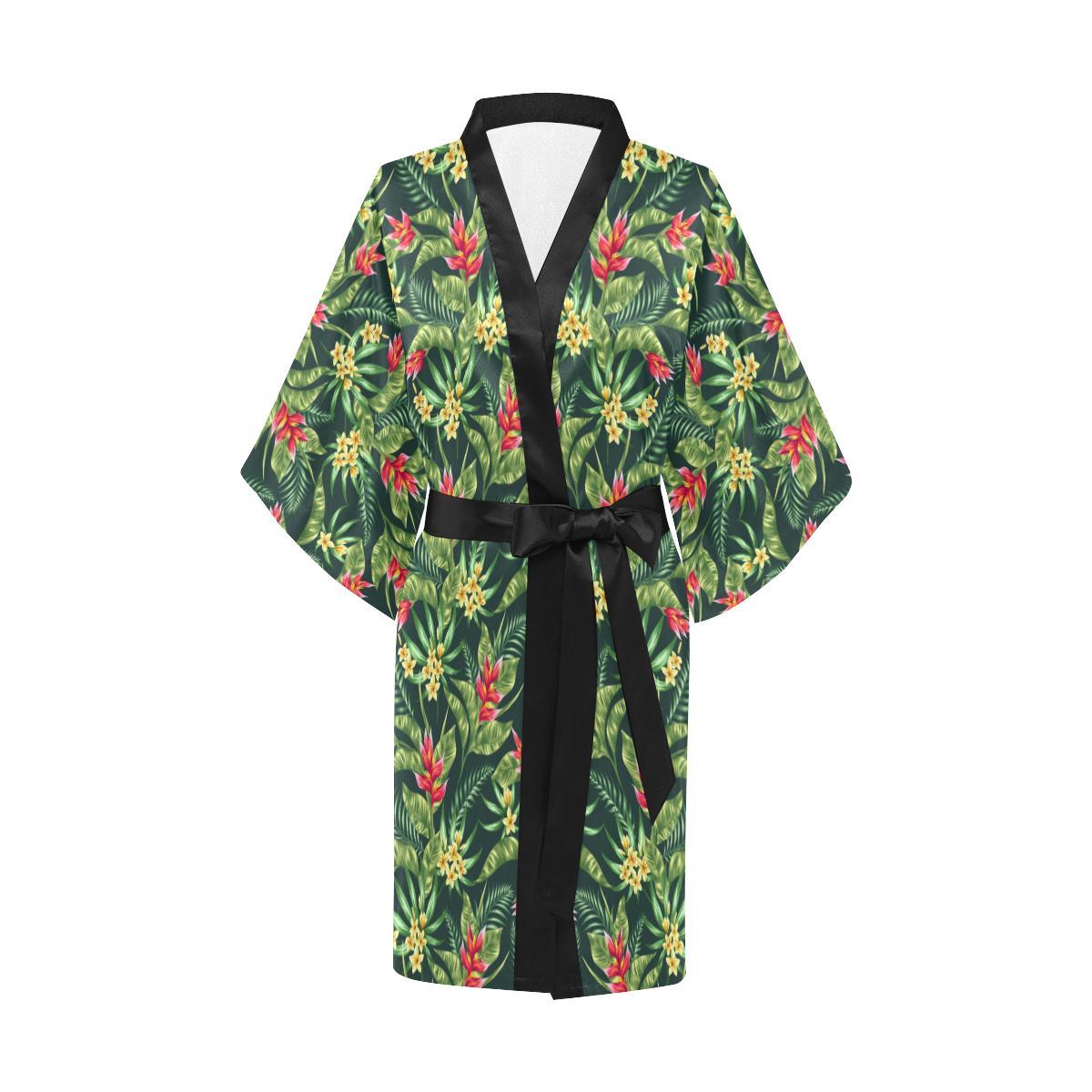 Tropical Folower Red Heliconia Print Women Short Kimono Robe