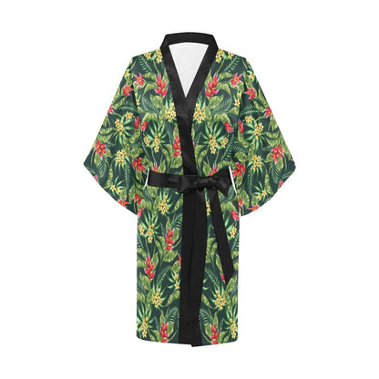 Tropical Folower Red Heliconia Print Women Short Kimono Robe