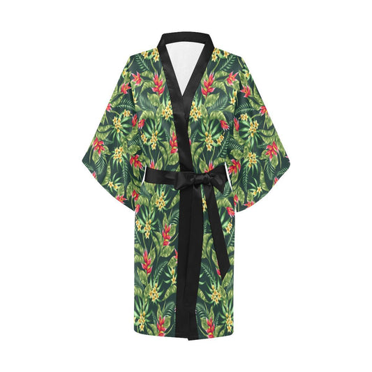 Tropical Folower Red Heliconia Print Women Short Kimono Robe