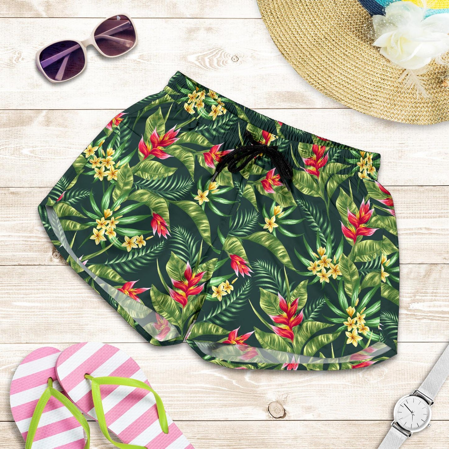 Tropical Folower Red Heliconia Print Women Shorts-JTAMIGO.COM
