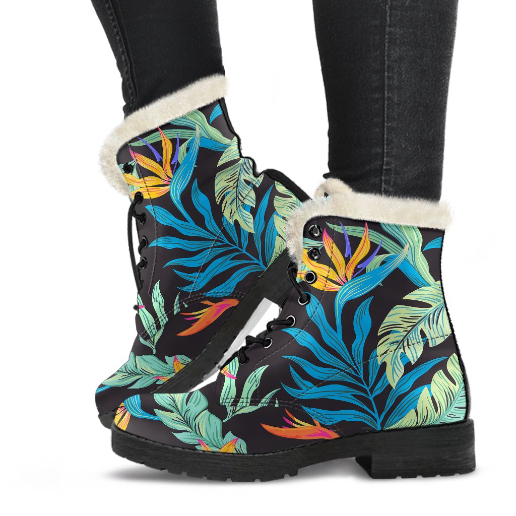 Tropical Palm Leaves Hawaiian Flower Faux Fur Leather Boots-JTAMIGO.COM