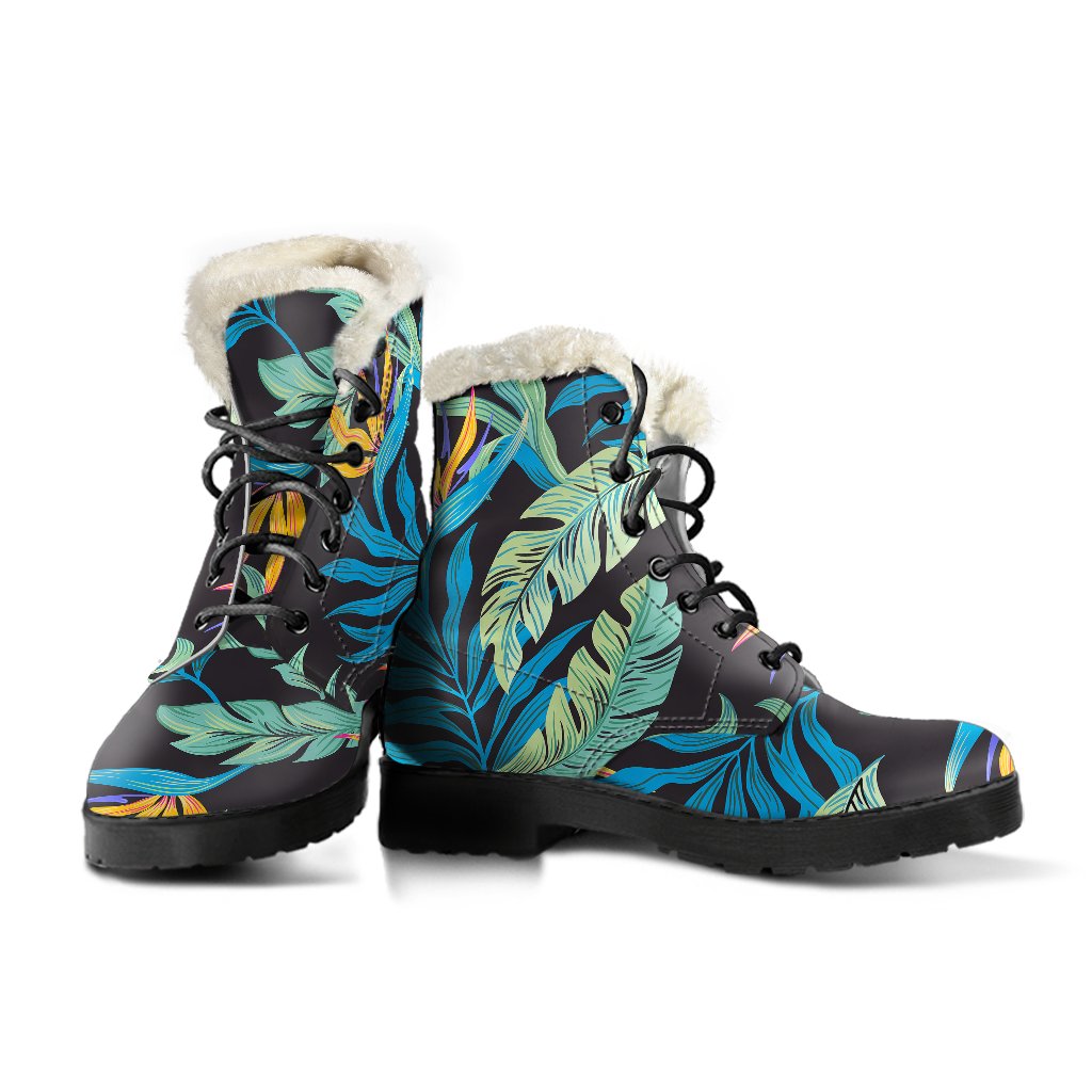 Tropical Palm Leaves Hawaiian Flower Faux Fur Leather Boots-JTAMIGO.COM