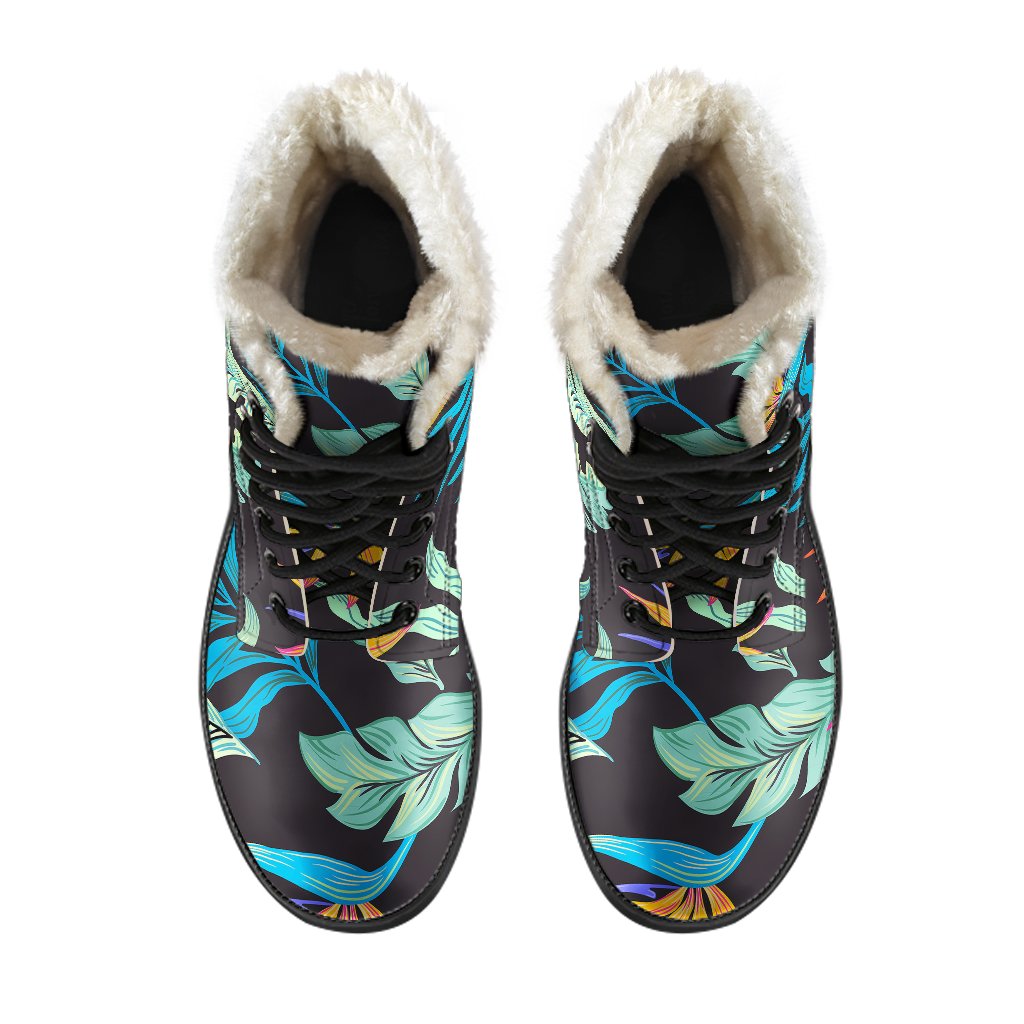 Tropical Palm Leaves Hawaiian Flower Faux Fur Leather Boots-JTAMIGO.COM