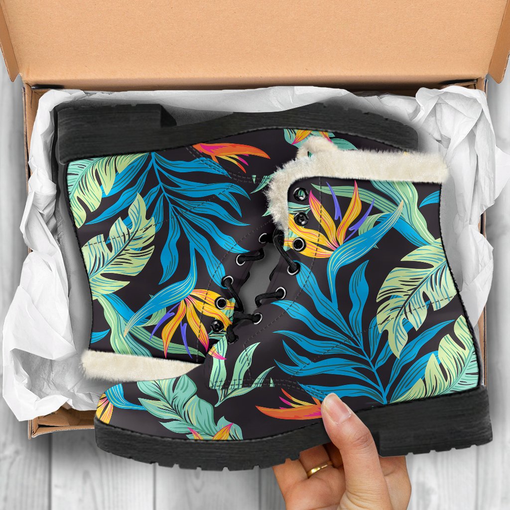 Tropical Palm Leaves Hawaiian Flower Faux Fur Leather Boots-JTAMIGO.COM