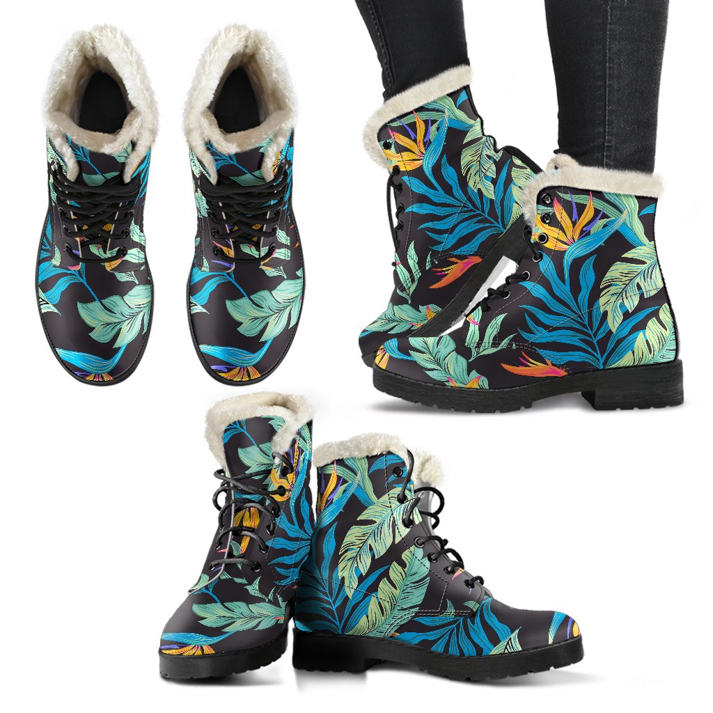 Tropical Palm Leaves Hawaiian Flower Faux Fur Leather Boots-JTAMIGO.COM