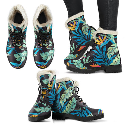 Tropical Palm Leaves Hawaiian Flower Faux Fur Leather Boots-JTAMIGO.COM