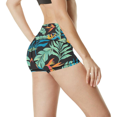 Tropical Palm Leaves Hawaiian Flower High Waisted Spandex Shorts-JTAMIGO.COM