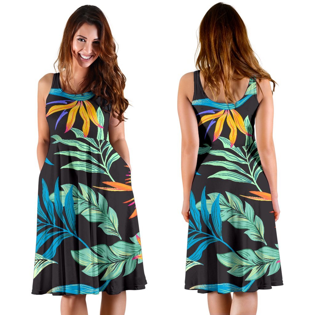 Tropical Palm Leaves Hawaiian Flower Sleeveless Dress